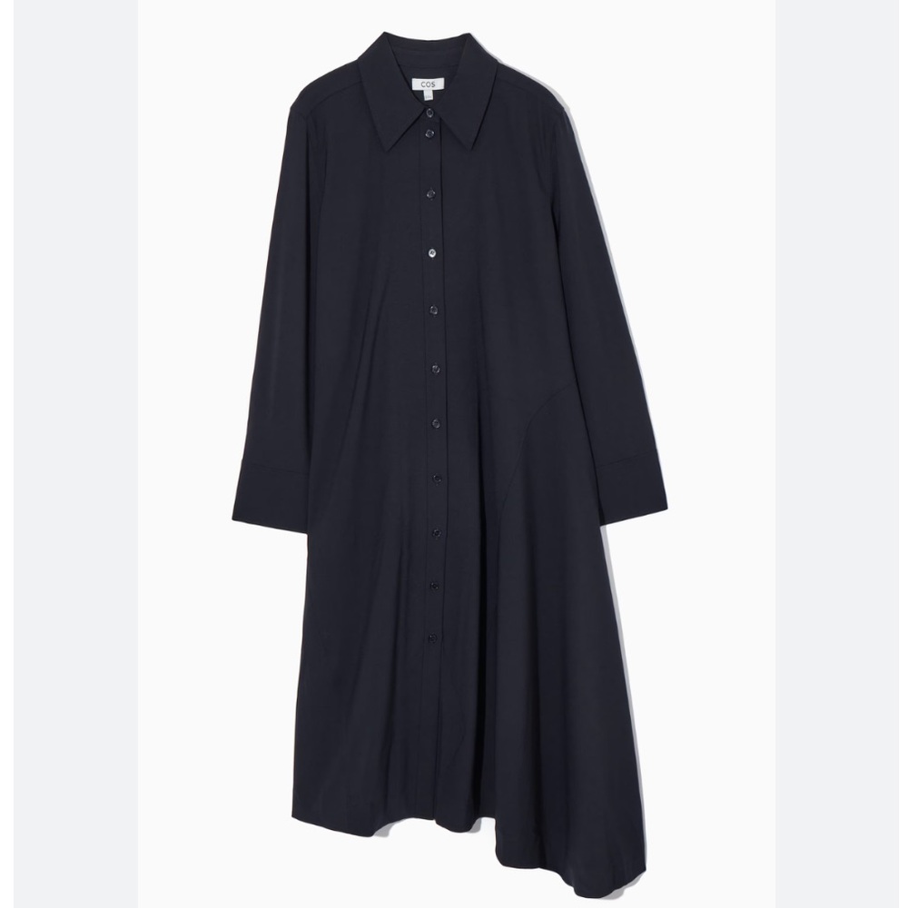 COS Asymmetrical Button Down Wool Shirt Dress Sz:14 Navy NWT